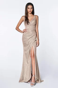 Cinderella Divine - CF332 Plunging V-neck Glitter Trumpet Dress