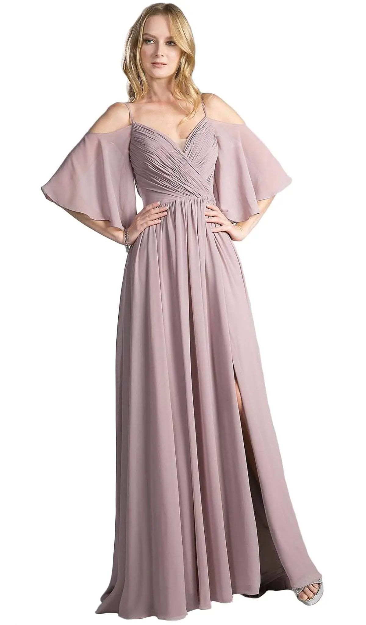 Cinderella Divine - CJ267 Cold Shoulders Flutter Sleeve Evening Dress 1 Cinderella Divine - CJ267 Cold Shoulders Flutter Sleeve Evening Dress