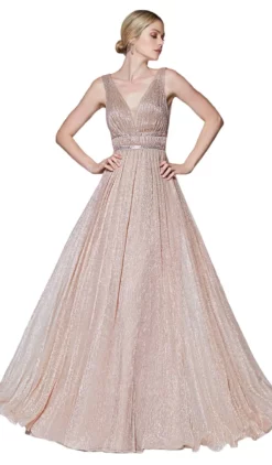 Cinderella Divine - CJ524 Metallic Plunging V-Neck A-Line Dress