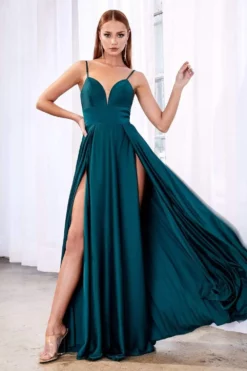 Cinderella Divine - CJ526 Sheer Plunging Neck Double Slit Satin Gown -Hot Sale WEDDING Store cinderella divine cj526 sheer plunging neck double slit satin gown bridesmaid dresses 14488820875347
