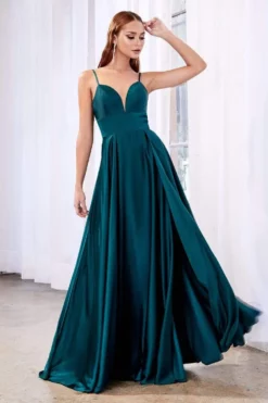 Cinderella Divine - CJ526 Sheer Plunging Neck Double Slit Satin Gown -Hot Sale WEDDING Store cinderella divine cj526 sheer plunging neck double slit satin gown bridesmaid dresses 14488821039187