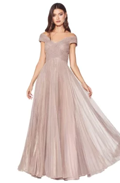 Cinderella Divine - CJ539 V-neck Pleated Metallic A-line Dress