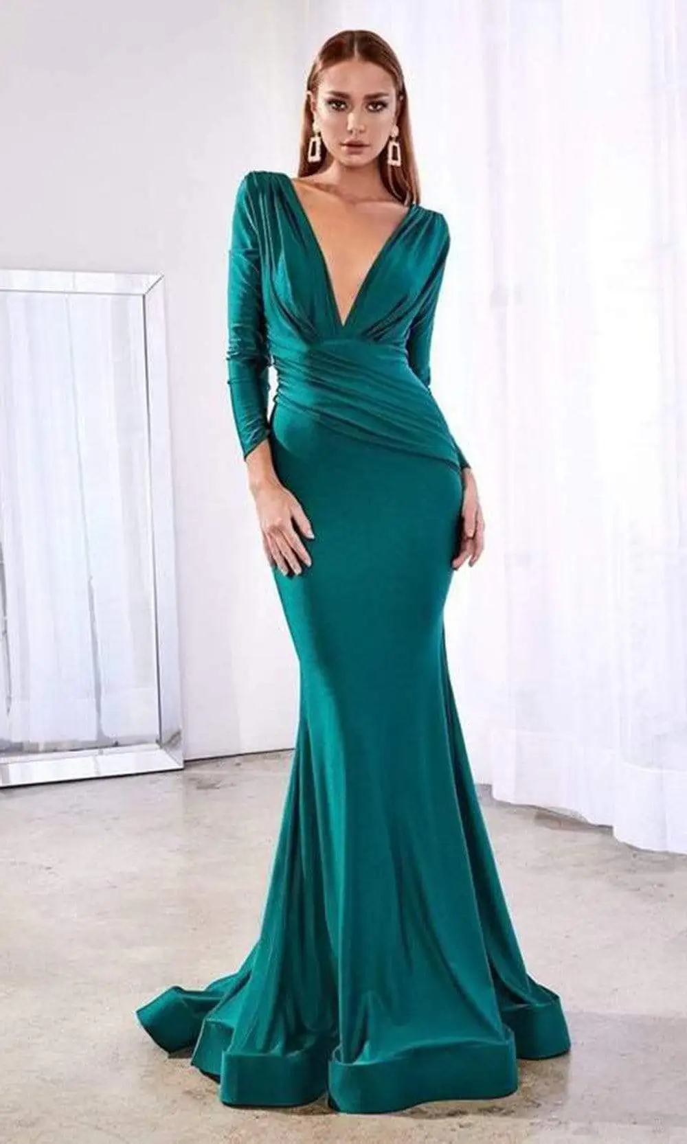 Cinderella Divine - Deep V-Neck Ruched Long Gown CD0168 1 Cinderella Divine - Deep V-Neck Ruched Long Gown CD0168