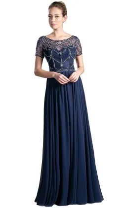 Cinderella Divine - Jewel Beaded Short Sleeve Long Gown