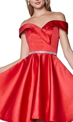 Cinderella Divine - Off-Shoulder Satin Finish A-Line Cocktail Dress CD0140 -Hot Sale WEDDING Store cinderella divine off shoulder satin finish a line cocktail dress cd0140sc 1 pc red in size 2x available ccsale 2x red 14852694507603