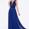 Cinderella Divine - Plunging V-Neck Shirr-Ornate A-Line Evening Gown