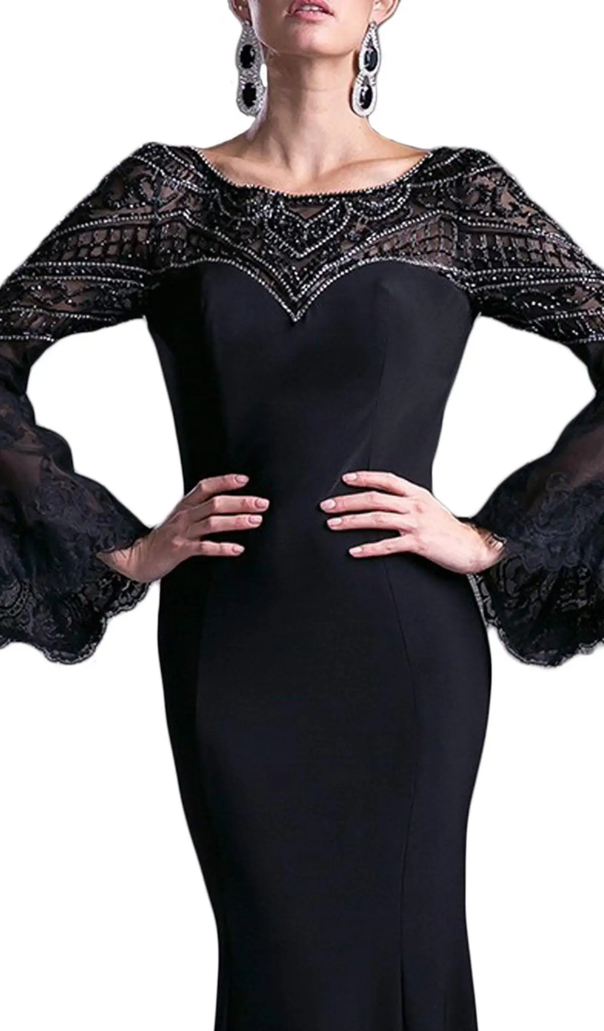 Cinderella Divine - 71435 Sheer Long Bell Sleeves Sheath Evening Gown 2 Cinderella Divine - 71435 Sheer Long Bell Sleeves Sheath Evening Gown - Image 2