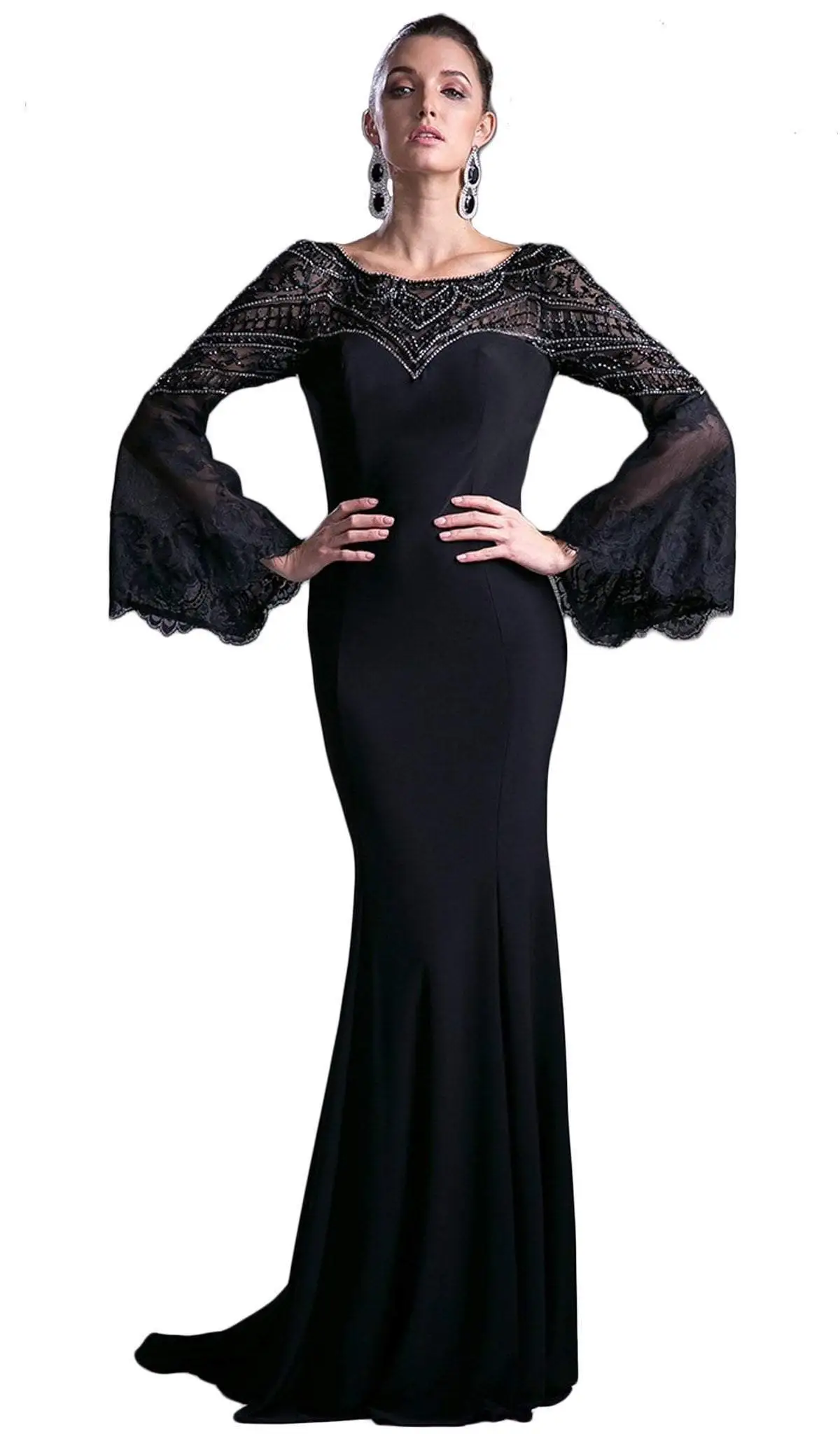 Cinderella Divine - 71435 Sheer Long Bell Sleeves Sheath Evening Gown 1 Cinderella Divine - 71435 Sheer Long Bell Sleeves Sheath Evening Gown
