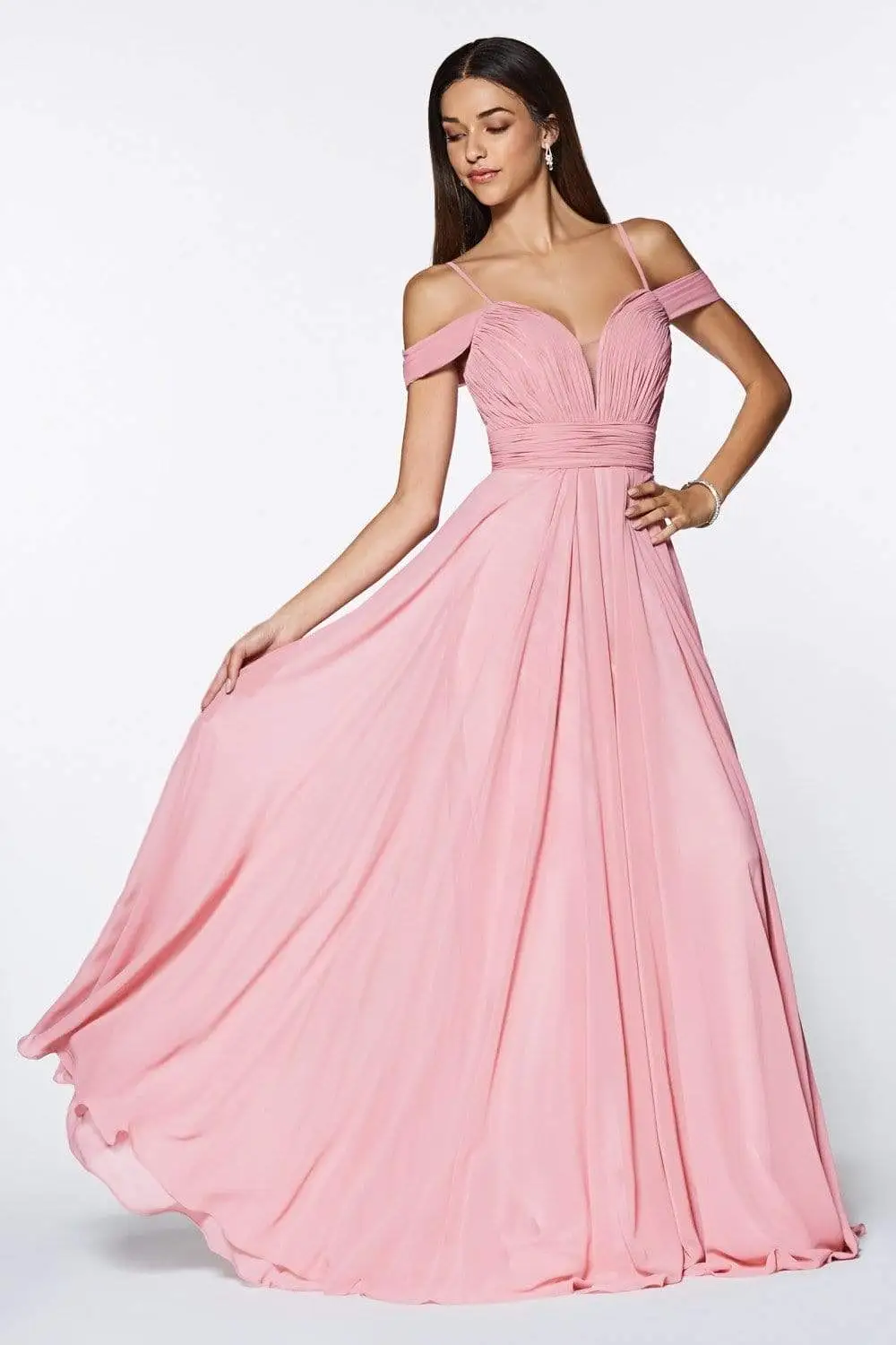 Cinderella Divine - Shirred Plunging Sweetheart Cold Shoulder Chiffon Gown 6 Cinderella Divine - Shirred Plunging Sweetheart Cold Shoulder Chiffon Gown - Image 6
