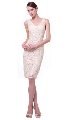 Cinderella Divine - Sleeveless Embellished V-neck Sheath Dress