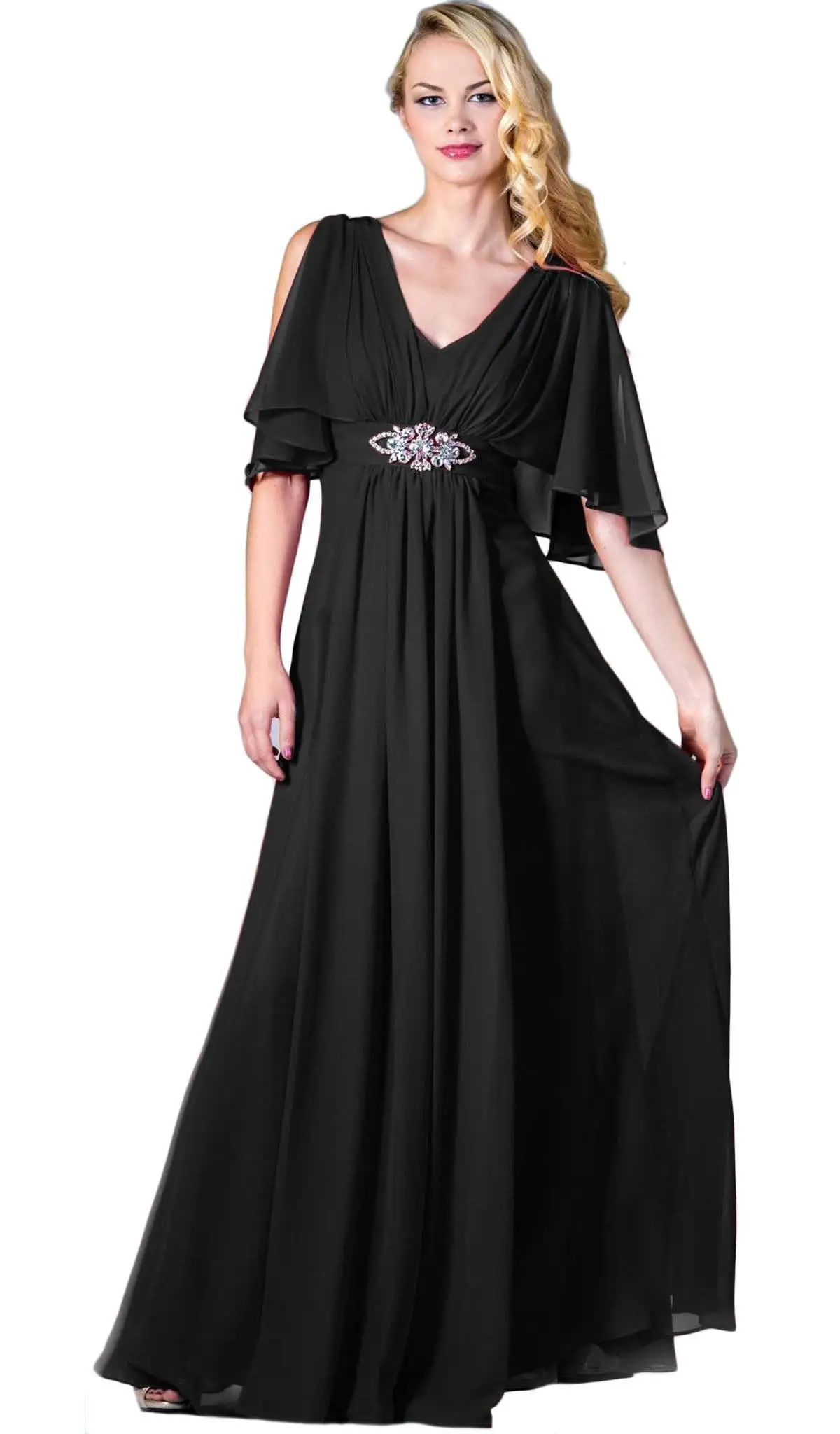 Cinderella Divine - Split Butterfly Sleeve Brooch Ornate Long Formal Gown 1 Cinderella Divine - Split Butterfly Sleeve Brooch Ornate Long Formal Gown