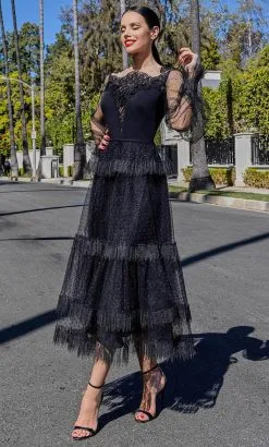 Cristallini SKA1413 - Tea Length Sheer Lace Dress