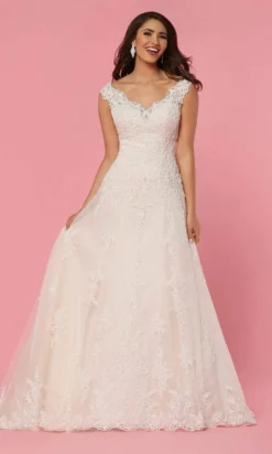 Da Vinci Bridal - 50444 V-Neck Lace Applique Tulle A-Line Wedding Gown