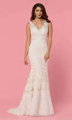 Da Vinci Bridal - 50447 V Neck Lace Over Satin Mermaid Bridal Gown