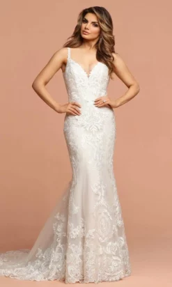 Da Vinci Bridal - 50578 Lace Deep V Neck Tulle Bridal Gown