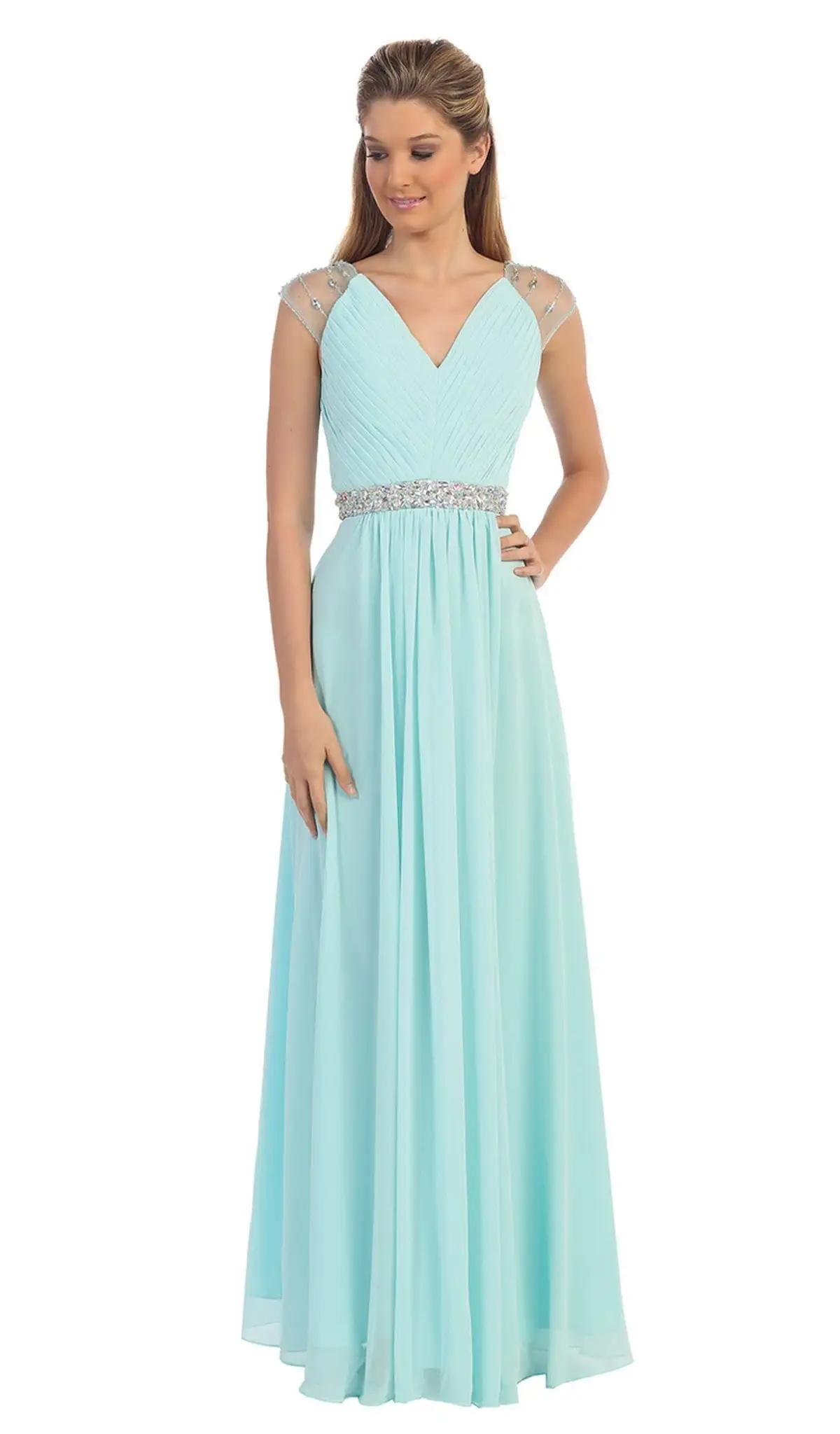 Dancing Queen - 9182 Illusion Cap Sleeve Pleated V-Neck Chiffon Evening Dress 6 Dancing Queen - 9182 Illusion Cap Sleeve Pleated V-Neck Chiffon Evening Dress - Image 6