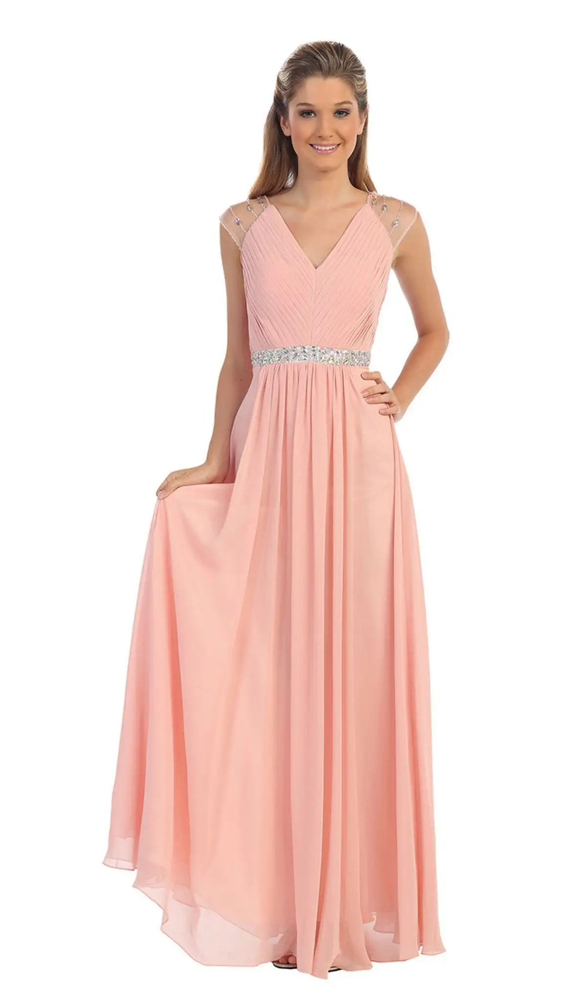 Dancing Queen - 9182 Illusion Cap Sleeve Pleated V-Neck Chiffon Evening Dress 5 Dancing Queen - 9182 Illusion Cap Sleeve Pleated V-Neck Chiffon Evening Dress - Image 5