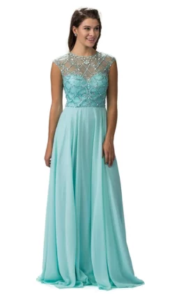 Dancing Queen - 9279 Embellished Sheer Bodice Cap-Sleeve Prom Dress