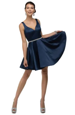 Dancing Queen - 9504 Jeweled Waistband Sweetheart Neck Satin A-line Cocktail Dress - 1 Pc Navy In Size L Available