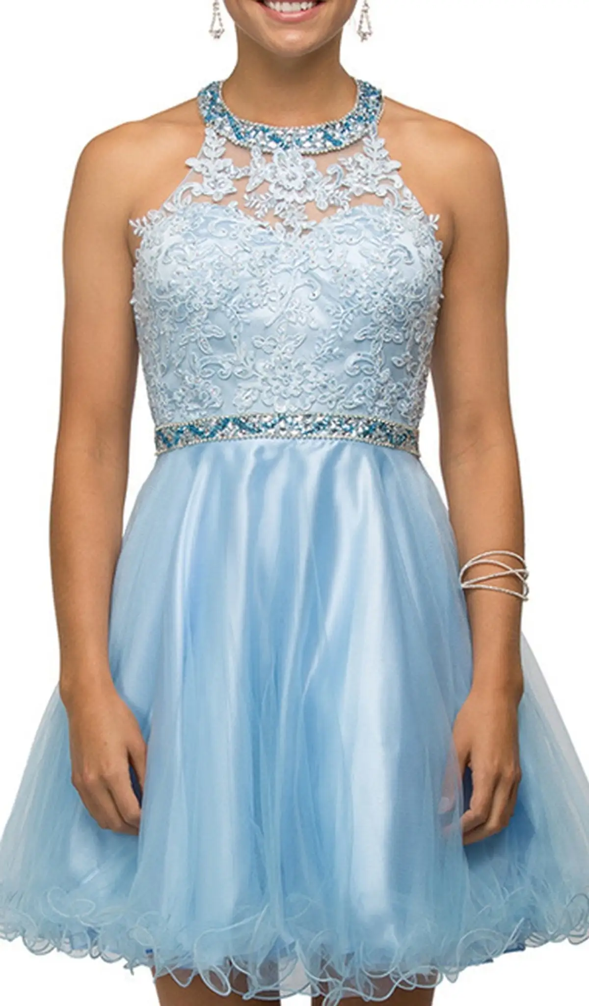 Dancing Queen - 9534 Bejeweled Collar Halter Lace A-Line Homecoming Dress 3 Dancing Queen - 9534 Bejeweled Collar Halter Lace A-Line Homecoming Dress - Image 3