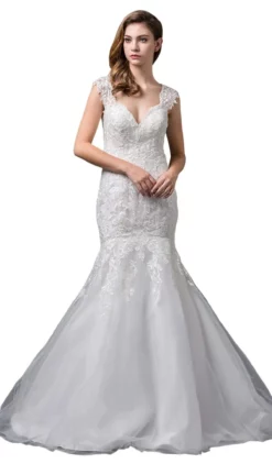 Dancing Queen Bridal - 59 Embroidered Plunging V-neck Mermaid Gown