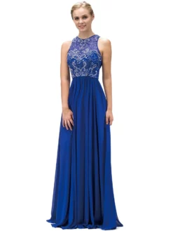 Dancing Queen Crystal Ornate Illusion Gown In Royal Blue 9327