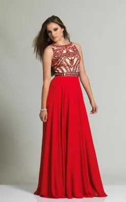 Dave & Johnny - 1417W Stone Embellished Bateau A-line Dress