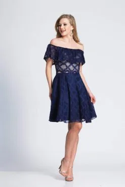 Dave & Johnny - 3865 Scalloped Off-Shoulder A-Line Cocktail Dress