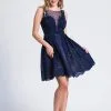 Dave & Johnny - 3885 Illusion Bateau Floral Appliqued Cocktail Dress
