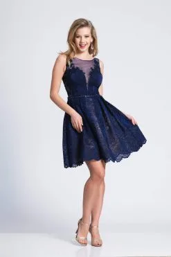 Dave & Johnny - 3885 Illusion Bateau Floral Appliqued Cocktail Dress