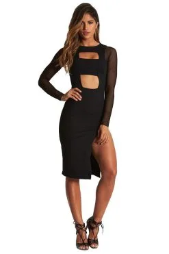 Donna Mizani Banded Cut Out Midi Slit Dress In Black