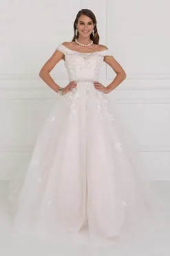 Elizabeth K Bridal - GL1589 Jewel Adorned Off Shoulder Trailing Paneled Gown