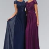 Elizabeth K Cap Sleeve Beaded Lace Bodice Chiffon Gown - 1 Pc Eggplant In Size XL Available