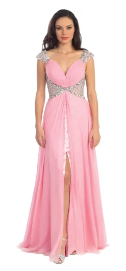 Elizabeth K - GL1130 Bejeweled Cap Sleeve Ruched V-Neck Dress