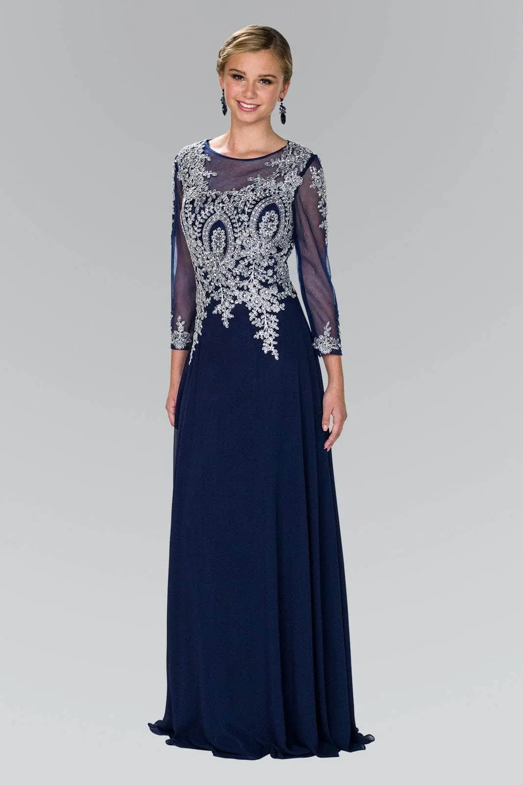 Elizabeth K - GL1368 Laced Bateau Neck Long Sleeve Dress 1 Elizabeth K - GL1368 Laced Bateau Neck Long Sleeve Dress