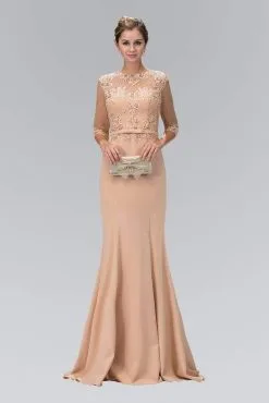 Elizabeth K - GL1423 Sheer Neckline With Three Quarter Sleeves Gown