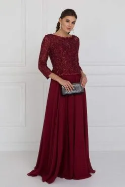 Elizabeth K - GL1509 Scalloped Quarter Sleeve Lace Bodice A-Line Gown -Hot Sale WEDDING Store elizabeth k gl1509 scalloped quarter sleeve lace bodice a line gown special occasion dress xs burgundy 5412517347385