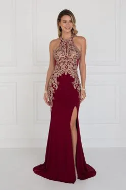 Elizabeth K - GL1519 Jeweled Gilt Lace High Halter Gown -Hot Sale WEDDING Store elizabeth k gl1519 jeweled gilt lace high halter gown special occasion dress xs burgundy 5412335779897