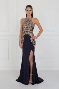 Elizabeth K - GL1519 Jeweled Gilt Lace High Halter Gown