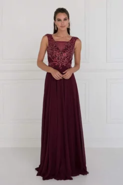 Elizabeth K - GL1566 Beaded Square Neck Chiffon A-line Dress