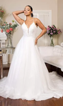Elizabeth K Bridal Elizabeth K - GL1905 Embroidered Deep V Neck Mesh A-line Gown
