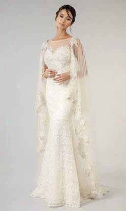 Elizabeth K Bridal Elizabeth K - GL1918 Lace Embroidered Sheath Bridal Gown With Cape