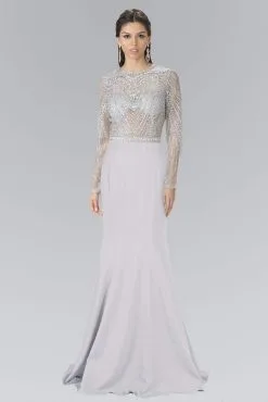 Elizabeth K - GL2339 Beaded Sheer Long Sleeve Sheath Evening Gown
