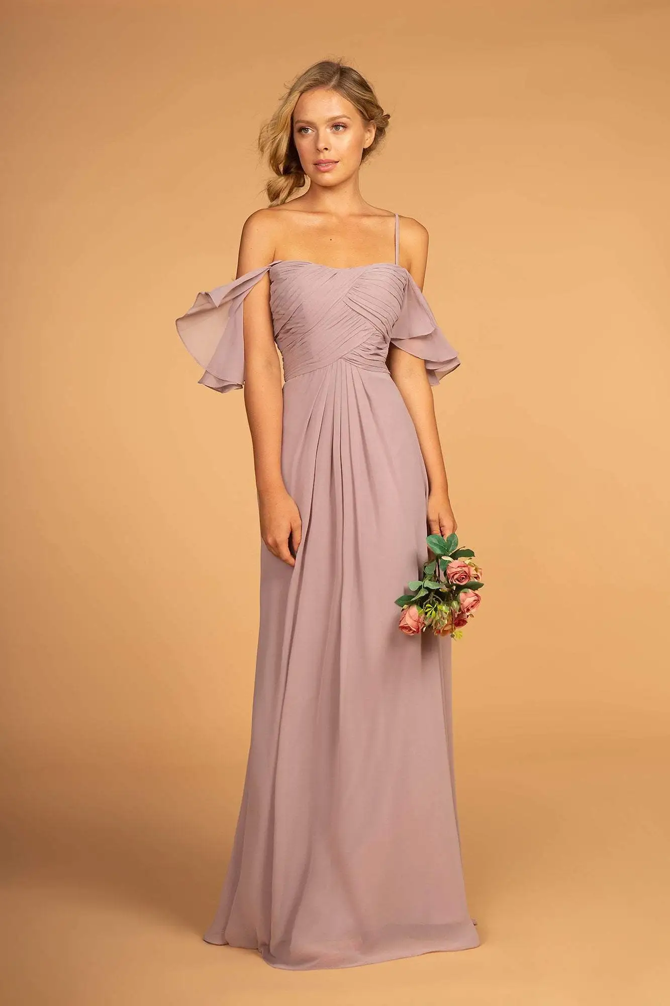 Elizabeth K - GL2615 Pleated Straight Across Neck Chiffon Dress 1 Elizabeth K - GL2615 Pleated Straight Across Neck Chiffon Dress