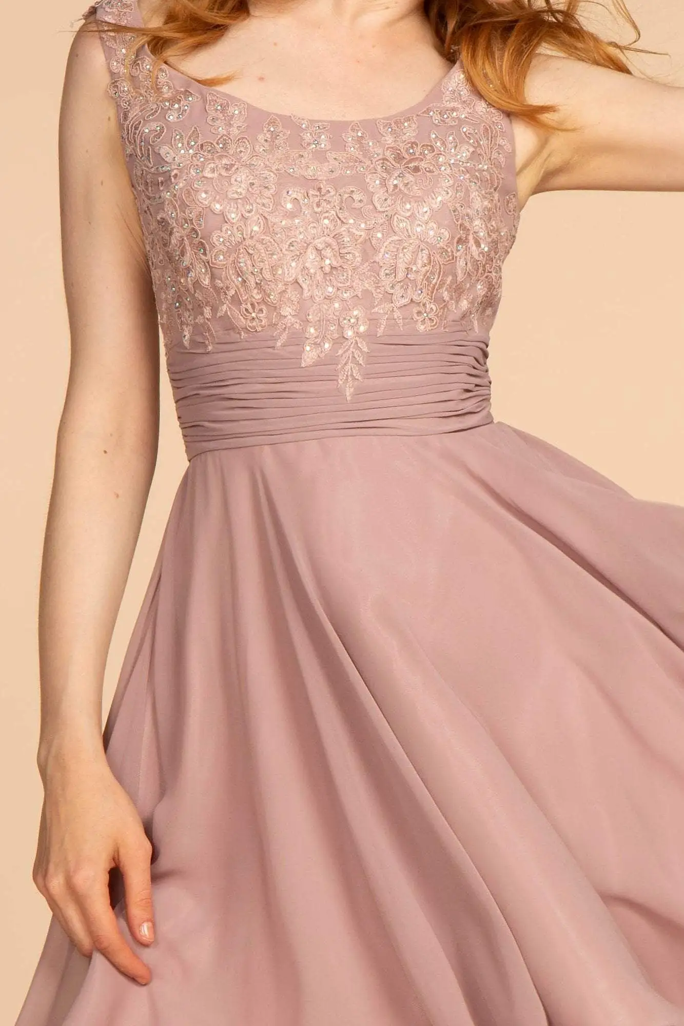 Elizabeth K - GS1612 Embroidered Pleated Waist Cocktail Dress 3 Elizabeth K - GS1612 Embroidered Pleated Waist Cocktail Dress - Image 3