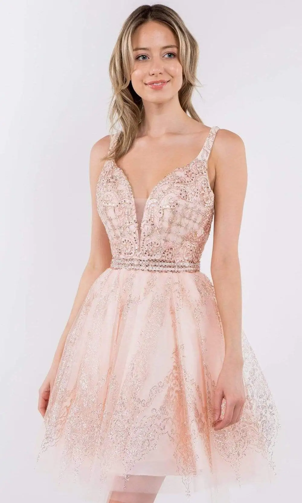 Elizabeth K - GS1965 Jeweled Waist Glitter A-Line Dress 4 Elizabeth K - GS1965 Jeweled Waist Glitter A-Line Dress - Image 4