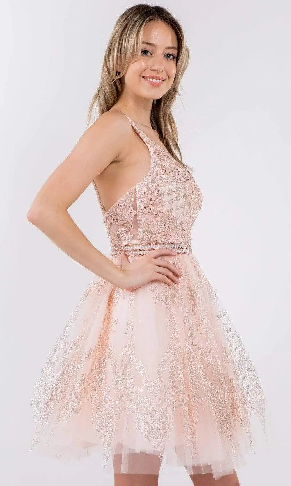 Elizabeth K - GS1965 Jeweled Waist Glitter A-Line Dress 3 Elizabeth K - GS1965 Jeweled Waist Glitter A-Line Dress - Image 3