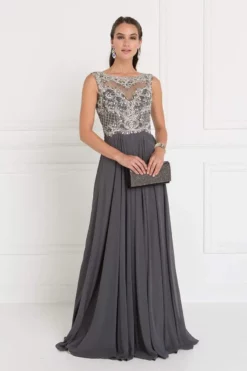 Elizabeth K Jeweled Illusion Bateau Chiffon A-line Gown GL1565 - 1 Pc Charcoal In Size L Available