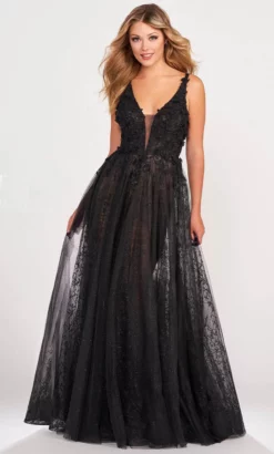 Ellie Wilde EW34070 - Floral 3D Detailed Tulle A-line Gown -Hot Sale WEDDING Store ellie wilde ew34070 floral 3d detailed tulle a line gown evening dresses 00 black 31705969229907