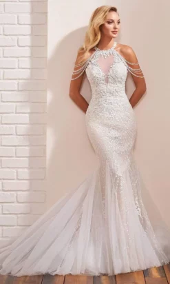 Enchanting By Mon Cheri - 221155 Halter Dangling Beaded Daring Gown